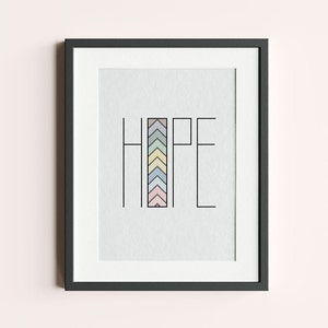 Handmade Hope colorful  counted cross stitch wall art by Futska. Custom and personalized for home or nursery decor. Vibrant pastel colors.  Modern unique gift. Digital download craft. For those who love minimalist or boho designs.  Beginner easy DIY.