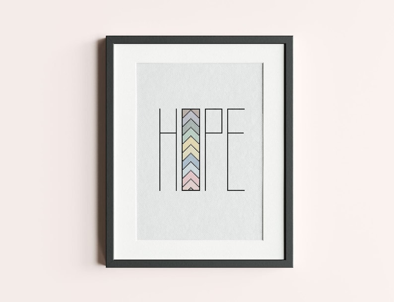 Handmade Hope colorful  counted cross stitch wall art by Futska. Custom and personalized for home or nursery decor. Vibrant pastel colors.  Modern unique gift. Digital download craft. For those who love minimalist or boho designs.  Beginner easy DIY.