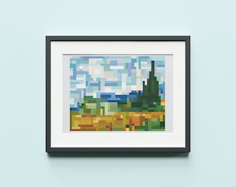 Modern Van Gogh Landscape Cross Stitch Pattern : Wheat Fields With Cypresses, PDF Instant Download Print, Tile Pixel Art, Mosaic Embroidery