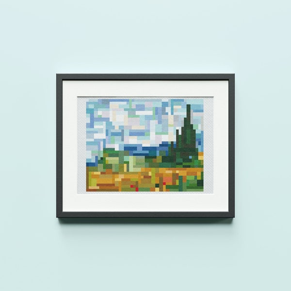 Modern Van Gogh Landscape Cross Stitch Pattern : Wheat Fields With Cypresses, PDF Instant Download Print, Tile Pixel Art, Mosaic Embroidery