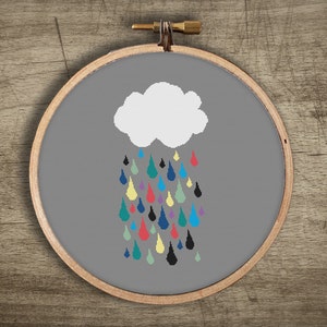 Könnte beinhalten: Eine weiße Wolke vor einem grauen Hintergrund mit bunten Regentropfen, die herunterfallen. Die Regentropfen sind in verschiedenen Farben, darunter Rot, Blau, Grün, Gelb und Lila.