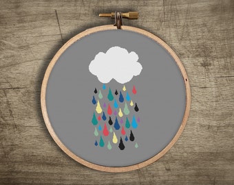 modern cross stitch pattern ++ retro rainbow cloud raindrops ++ pdf INsTAnT DOwNLoAD ++ diy craft ++ handmade design