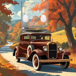 May include: An illustration of a classic brown car on a road with an autumn landscape background. A clear glass with the text "Keith Hard Boiled Since 1956" and two egg graphics is superimposed over the car.