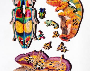 Laser Cut Mini Wooden Jigsaw Puzzle: Chameleon, Nudibranch, or Jewel Beetle
