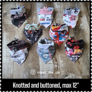 May include: Assortment of eight bandanas with various rock band and music-themed designs. The bandanas are knotted and have buttons. The bandanas are approximately 12 inches in size.