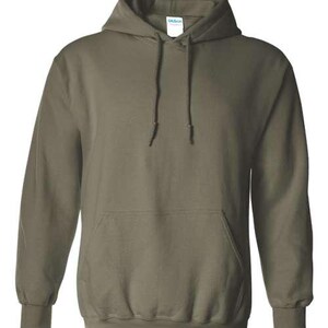 May include: Olive green hooded sweatshirt with a front pocket and drawstring. The long-sleeved top has ribbed cuffs and hem. A white tag is visible on the hood.