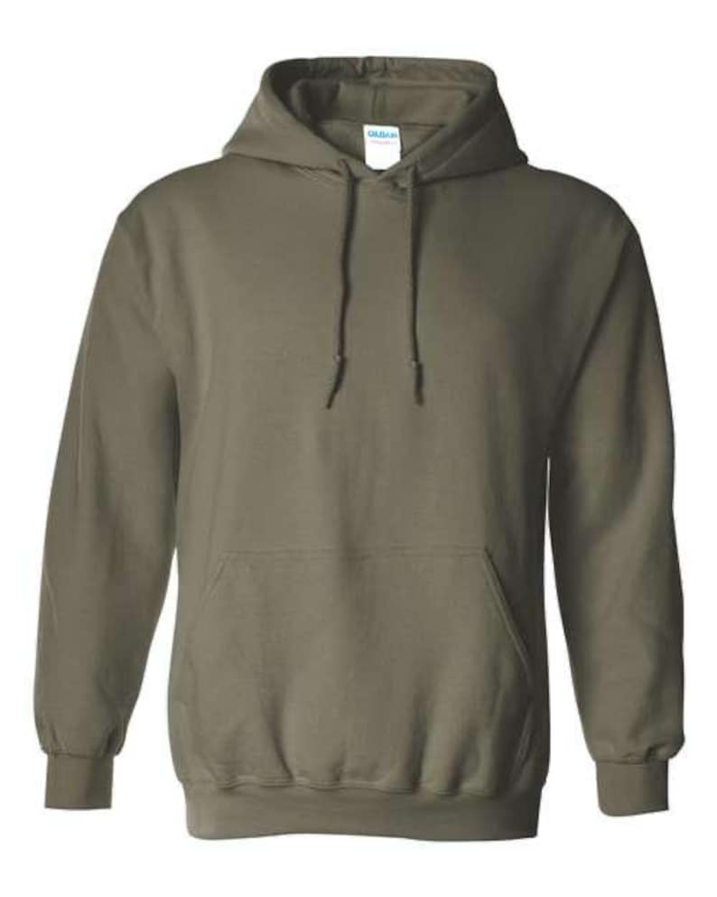 May include: Olive green hooded sweatshirt with a front pocket and drawstring. The long-sleeved top has ribbed cuffs and hem. A white tag is visible on the hood.