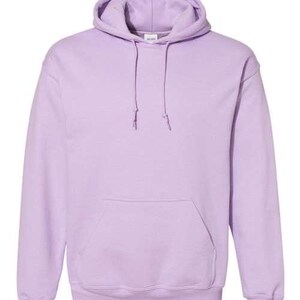 May include: A light purple hooded sweatshirt with a kangaroo pocket and drawstring hood. The long-sleeved pullover is made of a soft material and is suitable for casual wear. The sweatshirt has ribbed cuffs and hem.