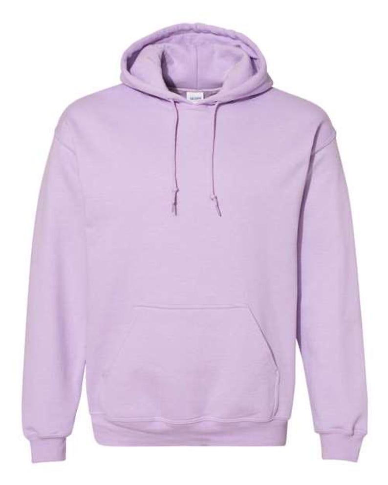 May include: A light purple hooded sweatshirt with a kangaroo pocket and drawstring hood. The long-sleeved pullover is made of a soft material and is suitable for casual wear. The sweatshirt has ribbed cuffs and hem.