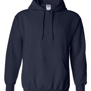 May include: A navy blue hooded sweatshirt with a front pocket and drawstring hood. The sweatshirt has ribbed cuffs and hem. The brand label is visible on the inside of the hood. This casual garment is suitable for various activities.