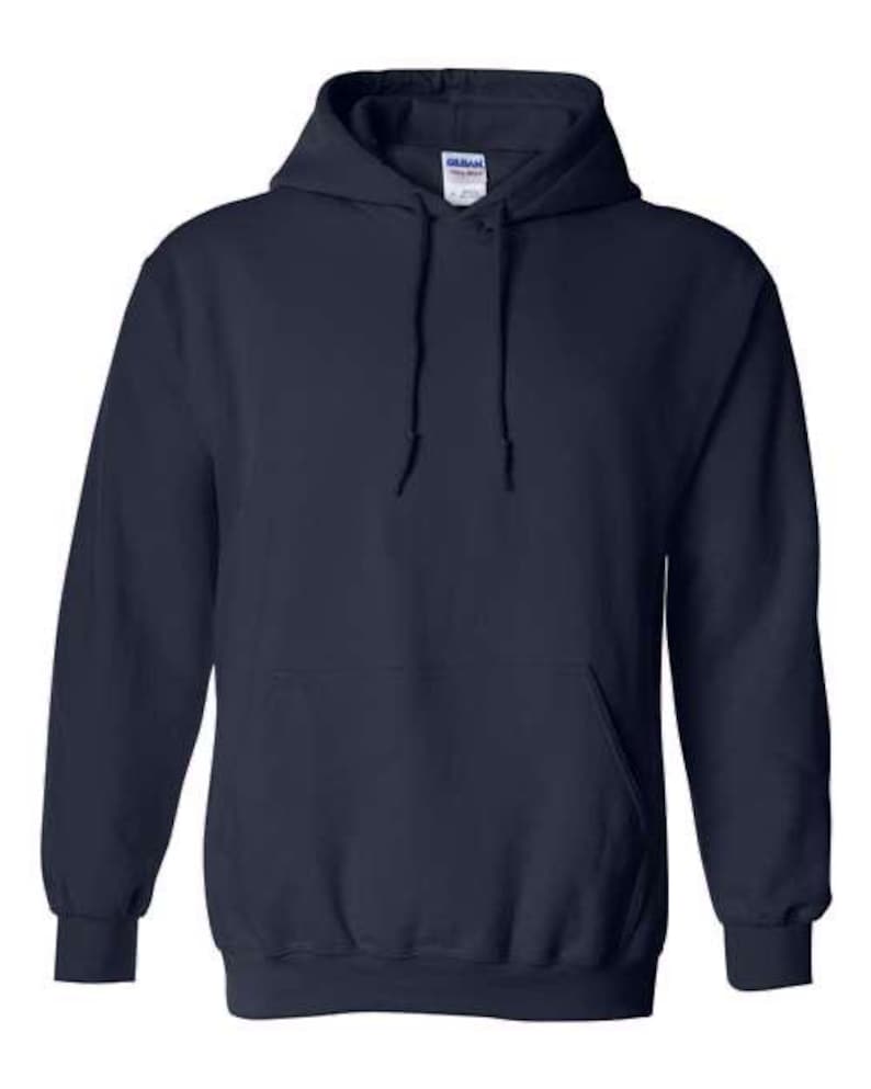 May include: A navy blue hooded sweatshirt with a front pocket and drawstring hood. The sweatshirt has ribbed cuffs and hem. The brand label is visible on the inside of the hood. This casual garment is suitable for various activities.