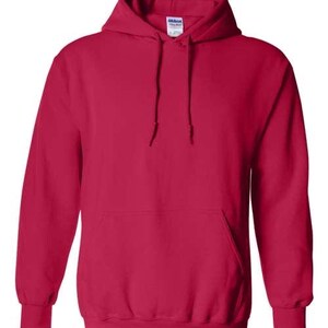 May include: A solid red hooded sweatshirt with a front pocket and drawstring. The sweatshirt has long sleeves and ribbed cuffs and hem. The Gildan brand tag is visible on the hood. This casual apparel is suitable for various activities.