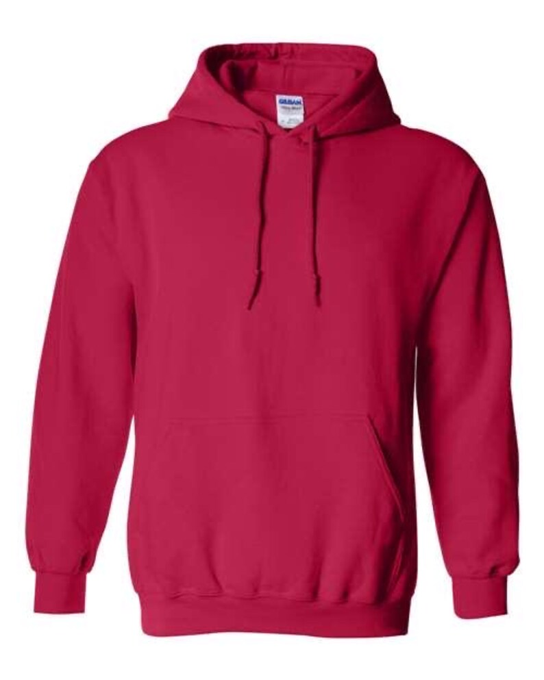 May include: A solid red hooded sweatshirt with a front pocket and drawstring. The sweatshirt has long sleeves and ribbed cuffs and hem. The Gildan brand tag is visible on the hood. This casual apparel is suitable for various activities.