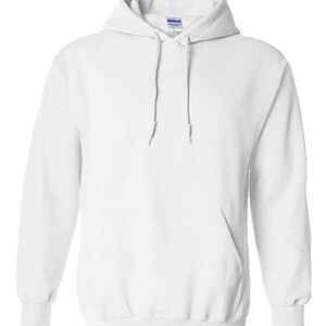 May include: A white hooded sweatshirt with a front pocket and drawstring. The sweatshirt has long sleeves and ribbed cuffs and hem. The hood is lined and has a drawstring closure. The Gildan brand label is visible on the inside of the collar.