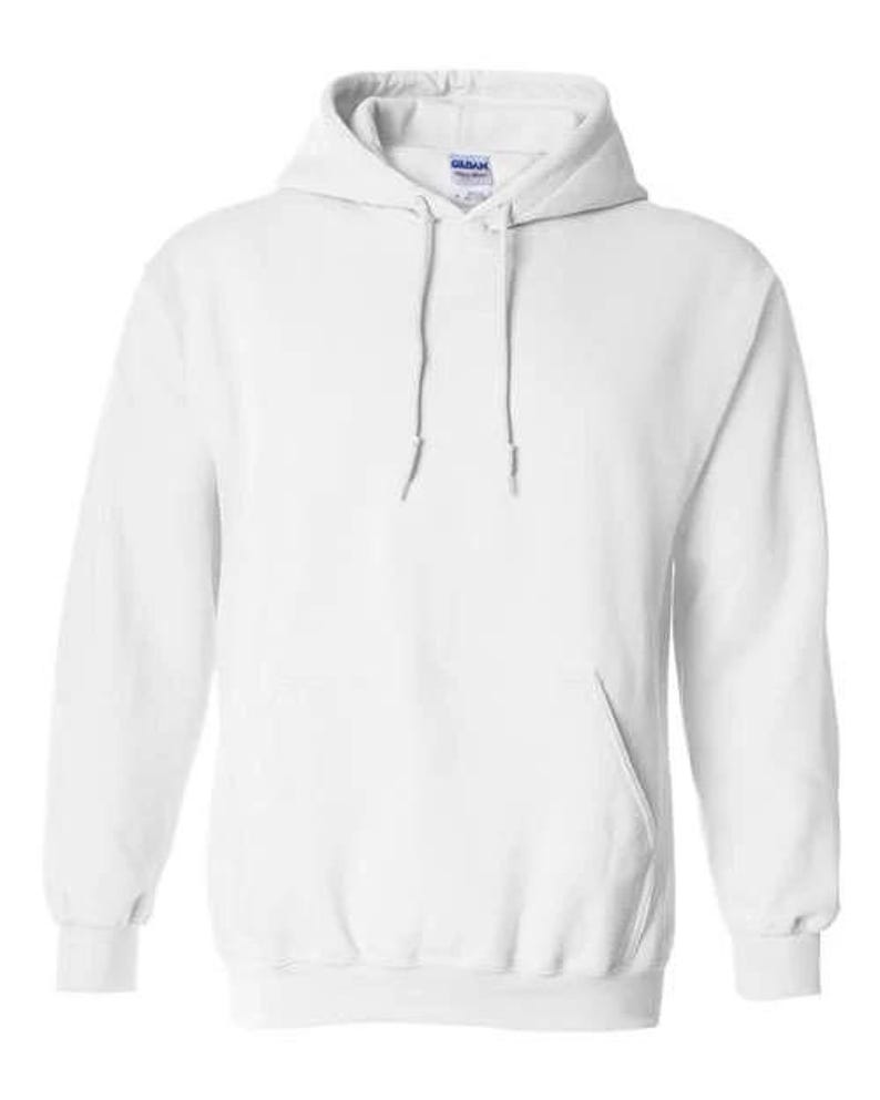 May include: A white hooded sweatshirt with a front pocket and drawstring. The sweatshirt has long sleeves and ribbed cuffs and hem. The hood is lined and has a drawstring closure. The Gildan brand label is visible on the inside of the collar.