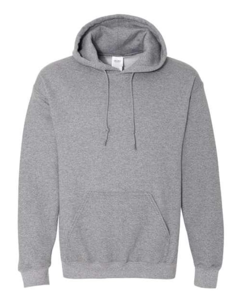 May include: A heather gray hooded sweatshirt with a drawstring and a kangaroo pocket. The sweatshirt has ribbed cuffs and hem. The hood is lined with the same material as the body of the sweatshirt. The Gildan tag is visible.