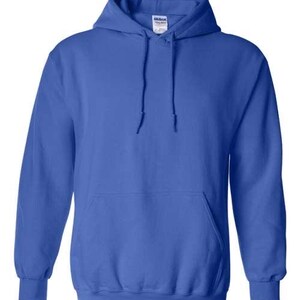 May include: A solid blue hooded sweatshirt with a front pocket and drawstring. The sweatshirt is made of a soft material and has ribbed cuffs and hem. The hood is lined and has a drawstring closure.