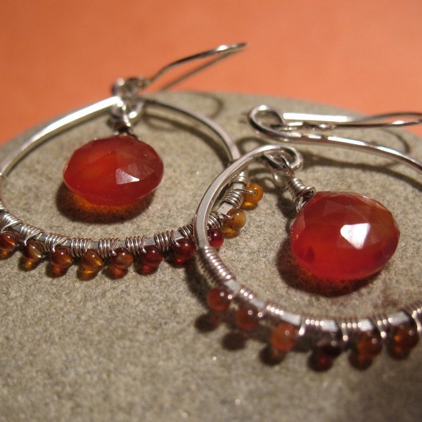 FIRE INSIDE Firey Red Orange Chalcedony Dangle Earrings in ARGENTIUM STERLING SILVER Hammered Hoop Teardrops