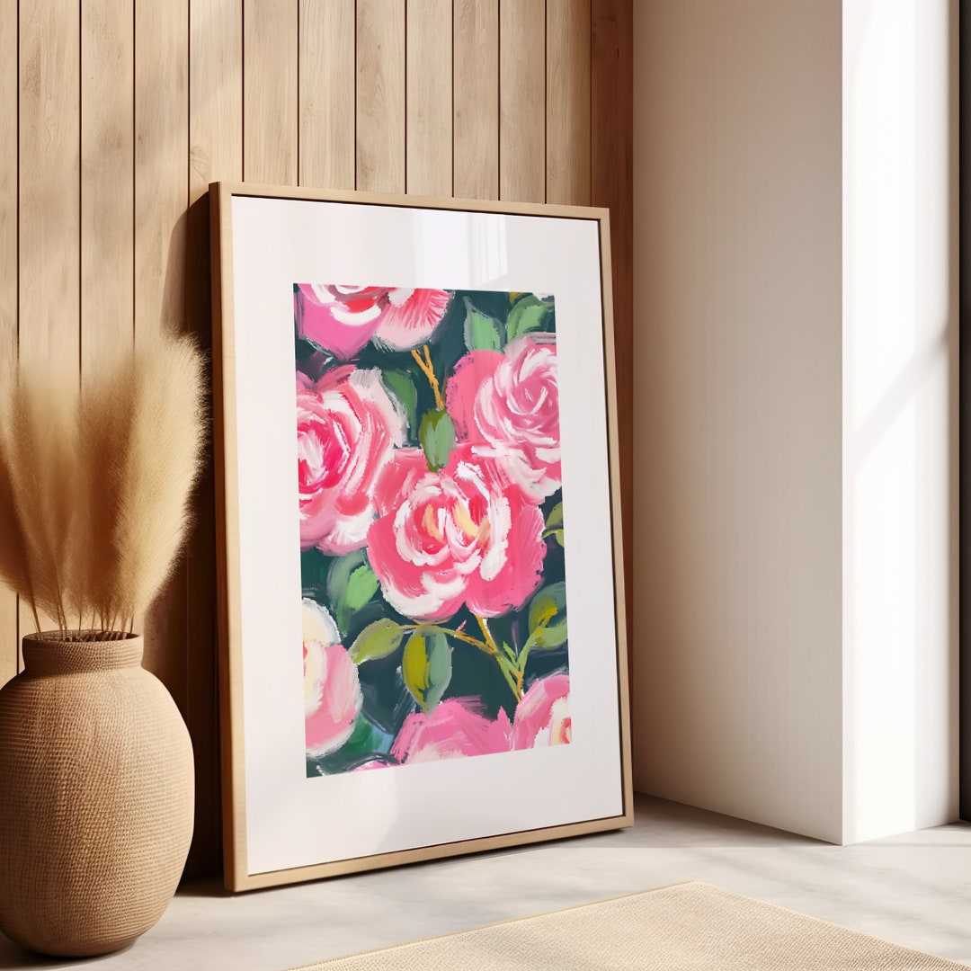Elegant Pink Rose Digital Art Print Instant Download, Floral Wall Art ...