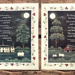 Thank God and All Things Bright & Beautiful. Spiritual Folk Art Pastoral Sheep Prints by Donna Atkins. New England style folk art. Barn Moon image 1