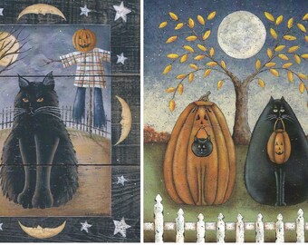 Halloween! The Bewitching Mrs. B or Trick or Treat. Folk Art autumn/fall black cat, pumpkin, scarecrow art prints by Donna Atkins. Free Ship