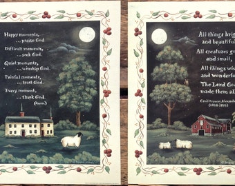 Thank God and All Things Bright & Beautiful. Spiritual Folk Art Pastoral Sheep Prints by Donna Atkins. New England style folk art. Barn Moon