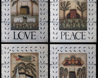 Love, Peace, Praise, and Thanks Art 11"x14" Art Prints. New England Style Primitive Folk Art by Donna Atkins. Sheep, Angel, Saltbox, Church.