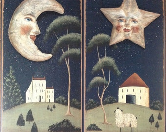 Celestial Moon, Star folk art prints. Donna Atkins. 'I See the Moon' & 'Starlight, Starbright' Night Lovers, Nursery Rhymes, Child's Bedroom