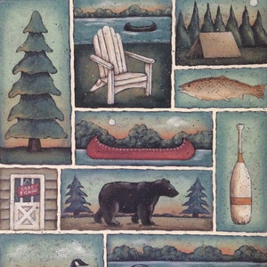 CABIN in the WOODS, Lodge Lake Sampler. A New England style Folk Art Print by Donna Atkins. Adirondack chair, bear, canoe, fish, tent, oar. image 1