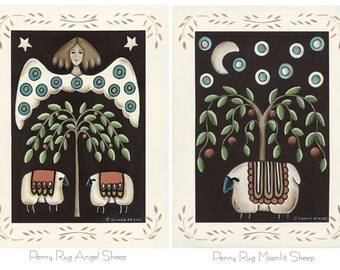 Penny Rug Print. Choose Angel & Sheep or Moonlit Sheep. Country cottage, primitive folk art by Donna Atkins