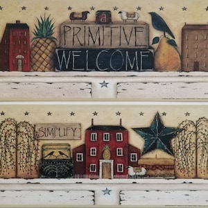 STILL LIFE Primitive Folk Art Prints by Donna Atkins. &quot;A Primitive Welcome&quot; or &quot;Simplify.&quot; Saltbox, willow trees, barn star, crows. 2 sizes.