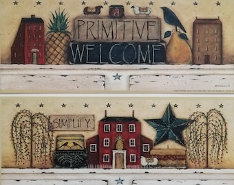 STILL LIFE Primitive Folk Art Prints by Donna Atkins. "A Primitive Welcome" or "Simplify." Saltbox, willow trees, barn star, crows. 2 sizes.