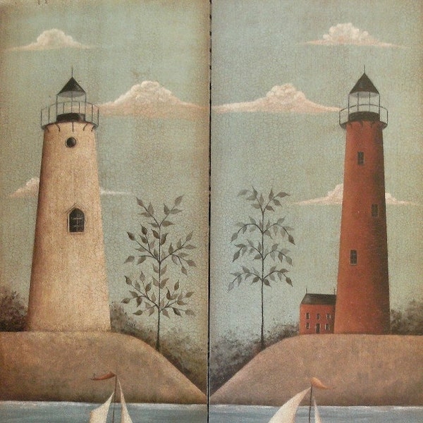 Rustic Red, White Lighthouse Sailboat Prints. Ocean beach cottage nautical New England style prim folk art by Donna Atkins. Free shipping.
