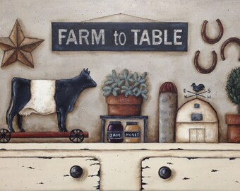 Donna Atkins 'Farm to Table' New England Folk Art Print. Rustic Shelf Scene. Cow Barn Herbs Still Life. Parsley Sage Rosemary and Thyme.