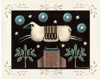 May include: Two framed folk art prints. The top print features a vase with three red flowers and two white birds on a black background. The bottom print features a white sheep flying over a red brick house with two green trees on a black background with blue stars.
