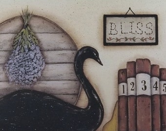 Black Swan White Swan Still Life. Cottage Farmhouse Art Print. Books, weathered wood, Flower Vase, Bluebird, Birdhouse, Bliss, Nest