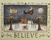 Whimsical BELIEVE Folk Art Santa and Sheep Print, Country Farmhouse Cottage decor. The Night Before Christmas
