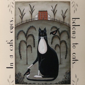 White Cat or Black Tuxedo Cat Primitive Folk Art 11x14 Prints. Kitty ...