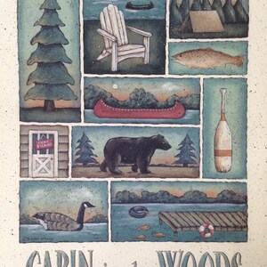 CABIN in the WOODS, Lodge Lake Sampler. A New England style Folk Art Print by Donna Atkins. Adirondack chair, bear, canoe, fish, tent, oar. image 5