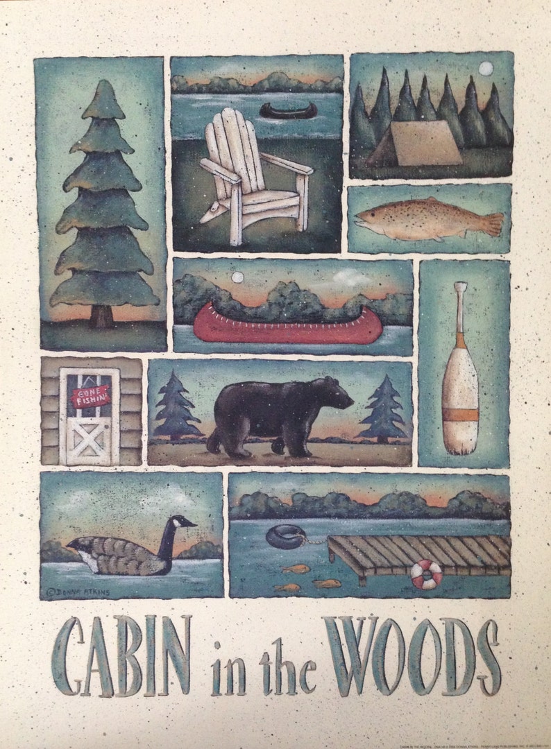 CABIN in the WOODS, Lodge Lake Sampler. A New England style Folk Art Print by Donna Atkins. Adirondack chair, bear, canoe, fish, tent, oar. image 5