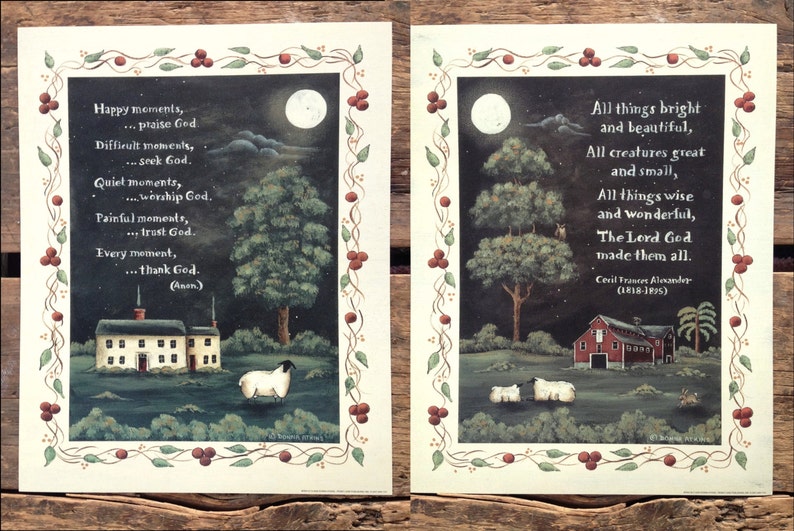 Thank God and All Things Bright & Beautiful. Spiritual Folk Art Pastoral Sheep Prints by Donna Atkins. New England style folk art. Barn Moon image 1