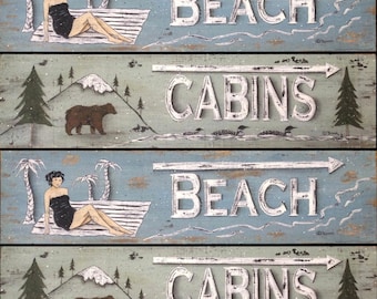 Retro Vintage Style Beach or Cabins art prints.  Rustic distressed look. Woods Lake Ocean Cottage. Arrows, woman, bear, loons. Donna Atkins