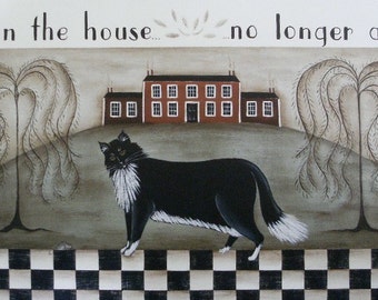 Cat and Mouse signed folk art print by Donna Atkins. Tuxedo cat, black white checkerboard, red house, willow trees. Free Shipping.