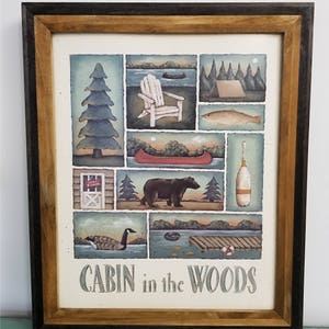 CABIN in the WOODS, Lodge Lake Sampler. A New England style Folk Art Print by Donna Atkins. Adirondack chair, bear, canoe, fish, tent, oar. image 6