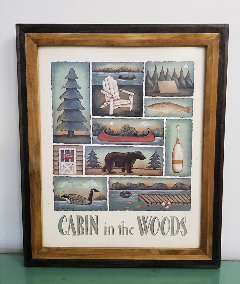 CABIN in the WOODS, Lodge Lake Sampler. A New England style Folk Art Print by Donna Atkins. Adirondack chair, bear, canoe, fish, tent, oar. image 6