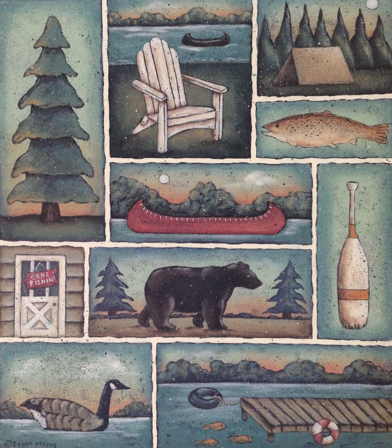 CABIN in the WOODS, Lodge Lake Sampler. A New England style Folk Art Print by Donna Atkins. Adirondack chair, bear, canoe, fish, tent, oar. image 1