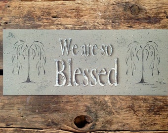 We are so Blessed primitive folk art House Blessing by Donna Atkins. Inspirational art print. Rustic greige, gray, taupe, white, & charcoal.