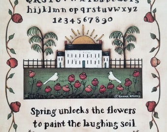Set of 4 Seasonal Folk Art Quotation Sampler Prints. Spring Summer Autumn Winter. Primitive Country Farmhouse Colonial New England Wall Art.