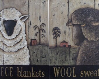 SHEEP folk art prints 8x10 . FLEECE or WOOL, Black Sheep, White Sheep. Available framed or unframed. Primitive Folk Art, Neutral Colors.