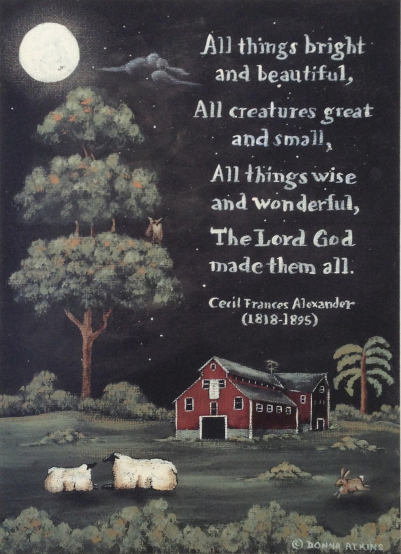 Thank God and All Things Bright & Beautiful. Spiritual Folk Art Pastoral Sheep Prints by Donna Atkins. New England style folk art. Barn Moon image 3
